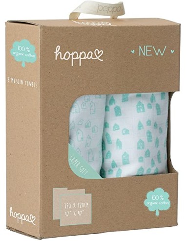 Pack 2 muselinas de algodón orgánico, diseño de casas mint. Hoppa