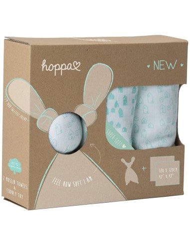 Set para regalo: 2 muselinas de algodón orgánico+ 1 floppy , diseño de casas mint. Hoppa