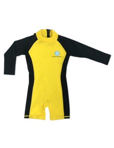 Traje de baño con protección solar amarillo y negro. Charlie banana
