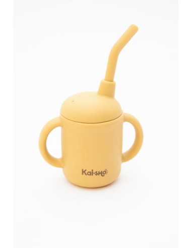 Taza con asas y pajita, mostaza. Kaisho.